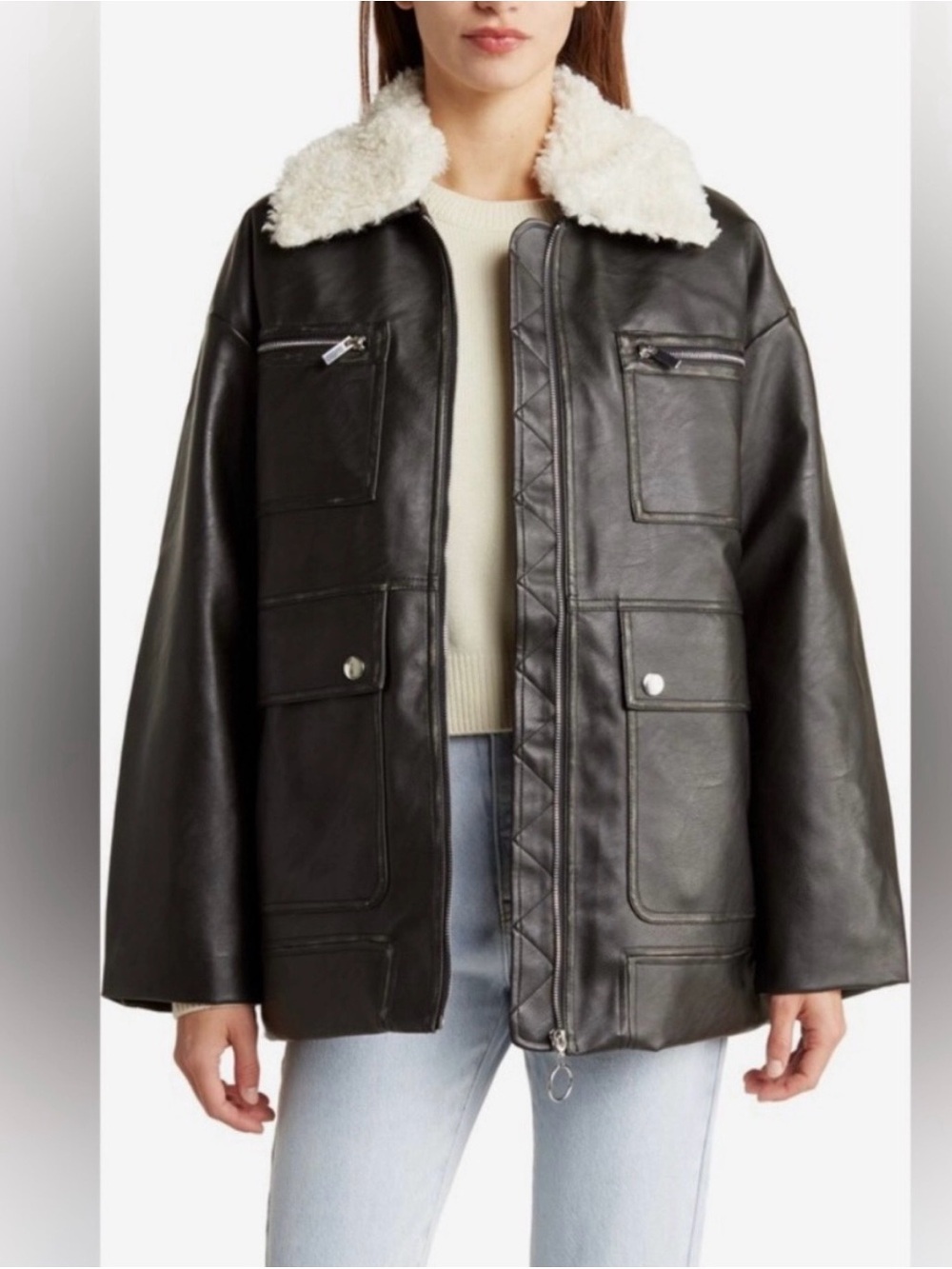 We Wore What Black Faux Leather Jacket with detachable Cream Shearling Collar